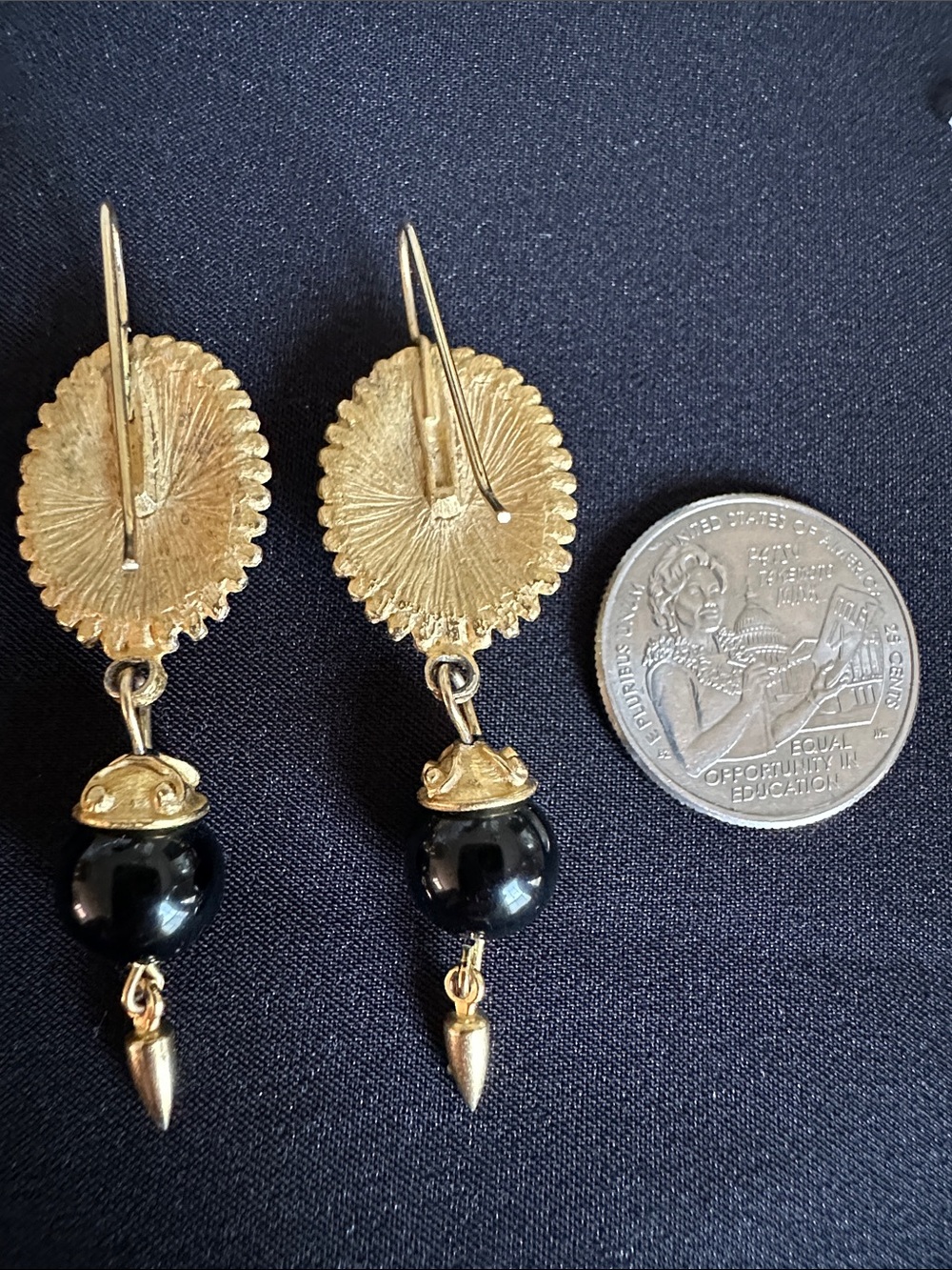 Goldtone & black acrylic bead EUC earrings. Etruscan style w/ movement - Picture 4 of 4